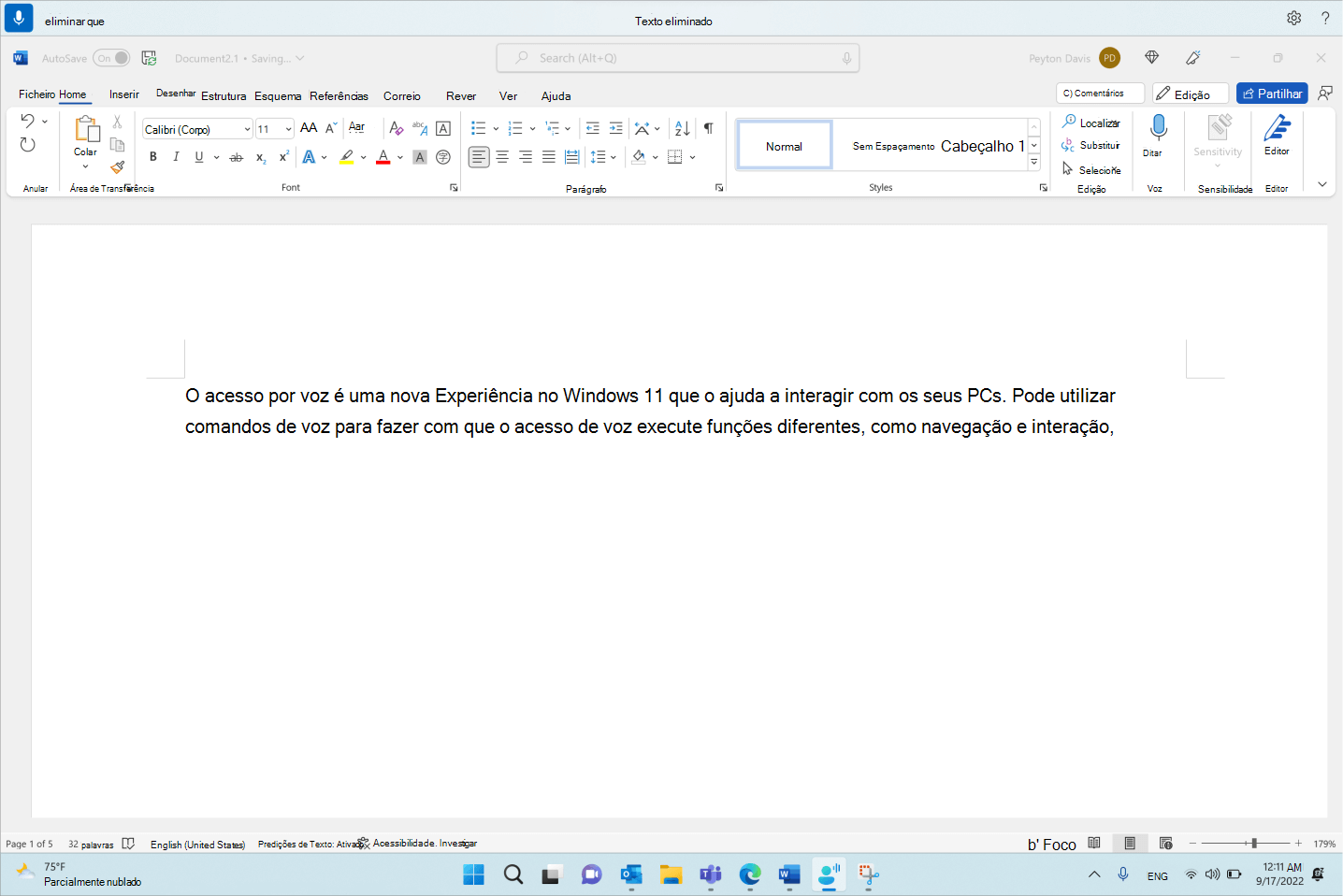 Word documento que mostra o comando de acesso por voz Eliminar.