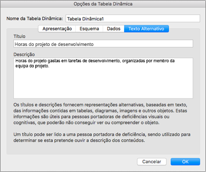 Caixa de diálogo Texto alternativo de uma tabela dinâmica do Excel.