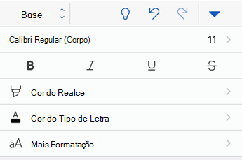 Opções de formatação do tipo de letra no Word para iOS.