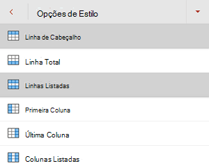 A caixa de verificação Linha de Cabeçalho selecionada no menu Opções de Estilo no PowerPoint para Android.