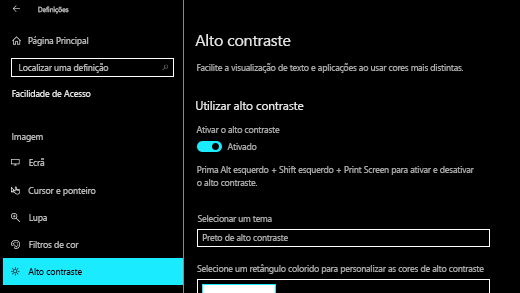 Ative o alto contraste na aplicação Definições do Windows 10.