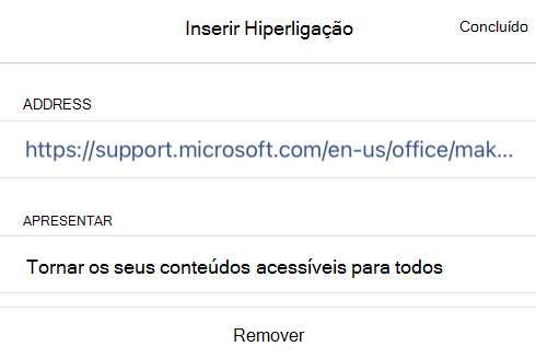 A caixa de diálogo Inserir Hiperligação no OneNote para iOS que mostra o texto a apresentar da ligação Torna o seu conteúdo acessível a todos e ao respetivo URL de ligação.
