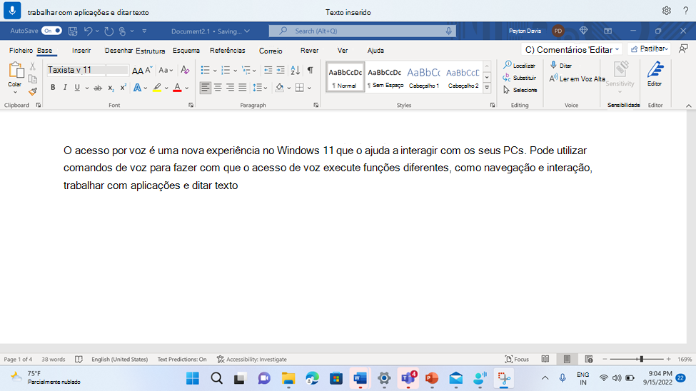 Word documento que mostra o comando de acesso por voz para inserir texto.