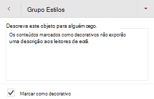 A caixa de diálogo Texto Alternativo a mostrar a caixa de verificação Marcar como decorativo selecionada no PowerPoint para Android.