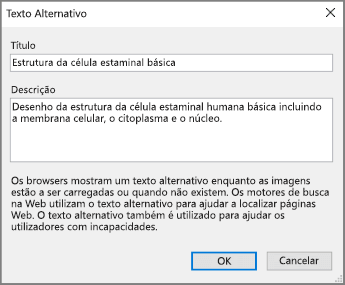Captura de ecrã a mostrar a caixa de diálogo Texto Alternativo no OneNote com textos de exemplo nos campos Título e Descrição.