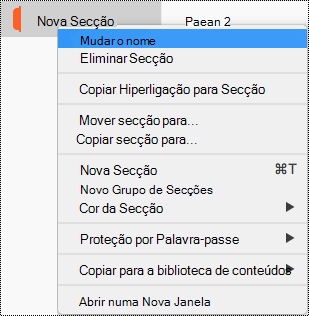 Menu de contexto Secção com a opção Mudar o nome da secção realçada.