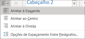 Captura de ecrã a mostrar as opções alinhamento do parágrafo no OneNote 2016.