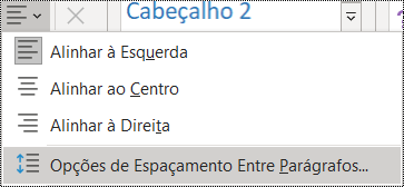 Captura de ecrã a mostrar as Opções de Espaçamento Entre Parágrafos no menu Base.