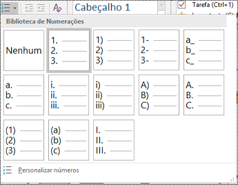 Captura de ecrã a mostrar a opção Lista Numerada no menu Base.