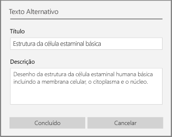 Caixa de diálogo de texto alternativo para adicionar texto alternativo no OneNote para Windows 10.