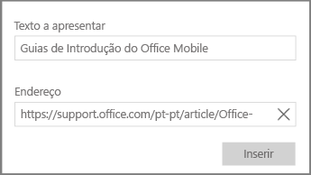 Captura de ecrã a mostrar a caixa de diálogo para adicionar uma ligação de hipertexto no OneNote para Windows 10.