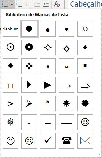 Captura de ecrã a mostrar a seleção de item na lista com marcas no menu Base.