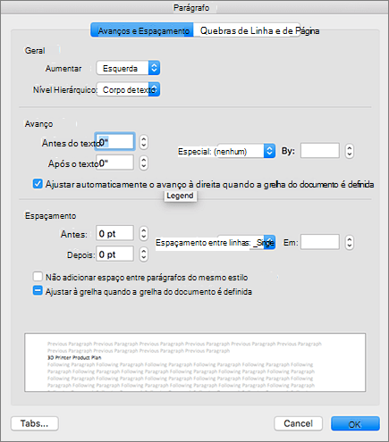 A caixa de diálogo Parágrafo no Outlook para Mac.