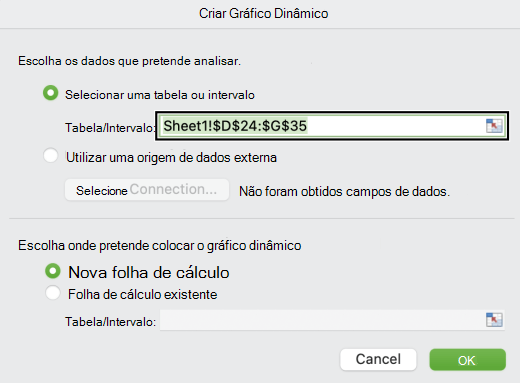 A caixa de diálogo Criar Gráfico Dinâmico no Mac.