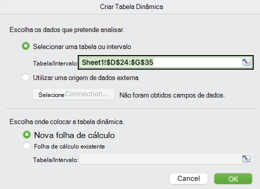 A caixa de diálogo Criar uma Tabela Dinâmica no Mac.
