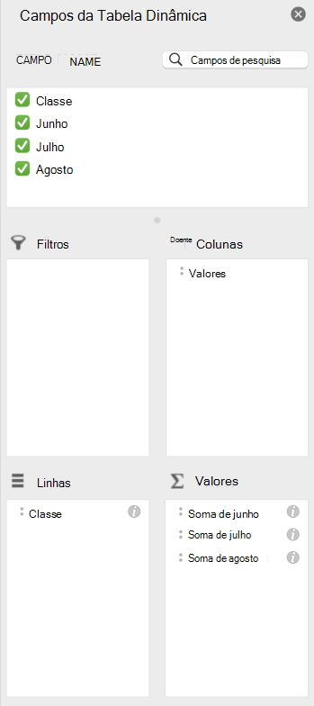 O painel campos da Tabela Dinâmica no Mac.