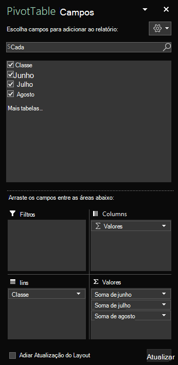 O painel Campos da Tabela Dinâmica é aberto no Excel para Windows com os campos de tabela selecionados.