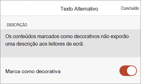 A opção Marcar como decorativa selecionada na caixa de diálogo Texto Alternativo no PowerPoint para iOS.