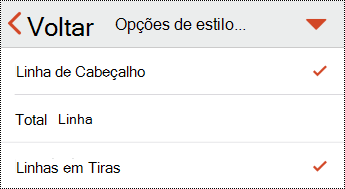 Menu de cabeçalhos de tabela no PowerPoint para iOS.