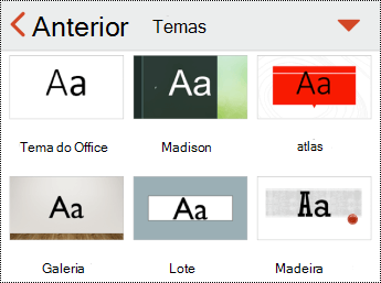 Menu Temas no PowerPoint para iOS.