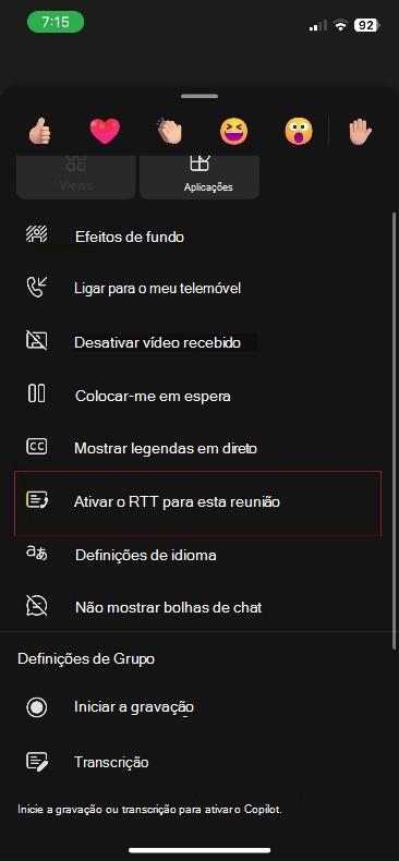 Mais ações para reuniões do Teams no iOS.