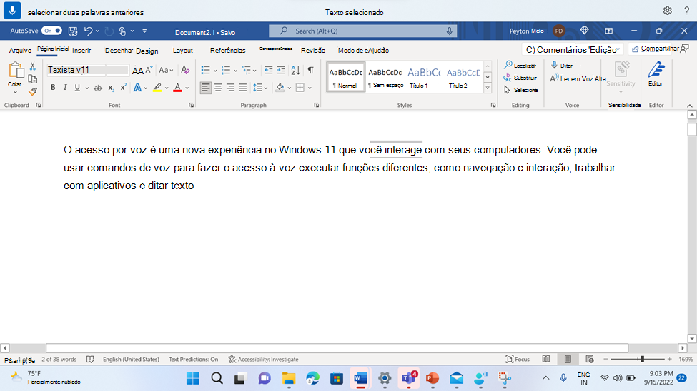 Word documento que mostra o comando de acesso por voz para selecionar duas palavras anteriores.