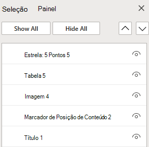 O Painel de Seleção para organizar objetos num diapositivo no PowerPoint na Web.