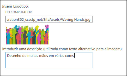 Caixa de diálogo Título e Logótipo do Novo Site do SharePoint Online, que mostra como criar o texto alternativo para a imagem do logótipo