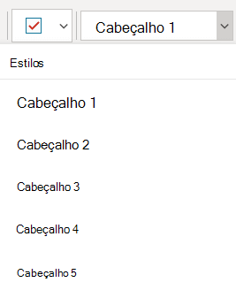 O menu Estilos a mostrar diferentes estilos de título no OneNote para Windows 10.