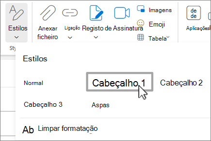 O menu Estilos no Outlook na Web.