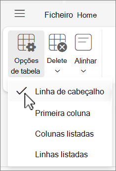 O menu Opções da tabela a mostrar a opção Linha de cabeçalho selecionada no Outlook na Web.