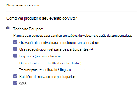 Caixa de diálogo para selecionar a opção QA para o evento em direto do Teams ao agendar um evento.