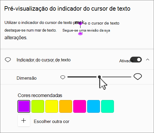 Windows 11 definições do indicador do cursor de texto