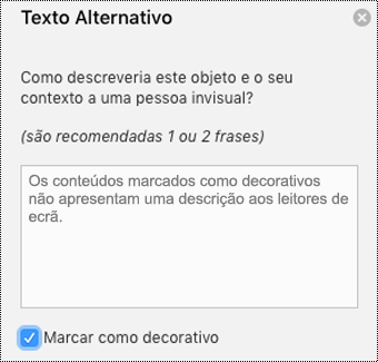 Caixa de verificação Marcar como Decorativo selecionada no painel Texto Alternativo do Word para Mac.