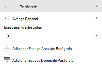 Word para Android menu de formatação de parágrafo