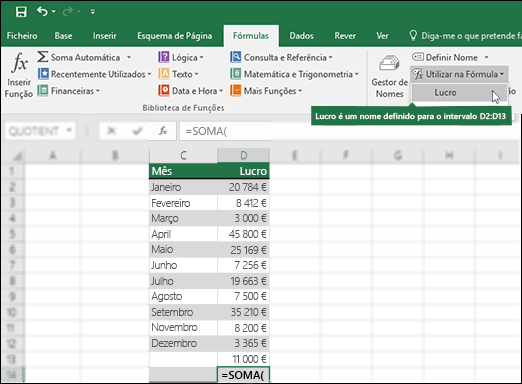 Clique em Utilizar na Fórmula para adicionar um nome definido à sintaxe de uma fórmula