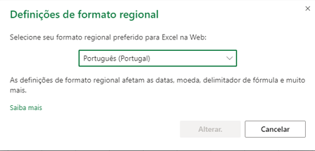 Caixa de diálogo Alterar definições de formato regional