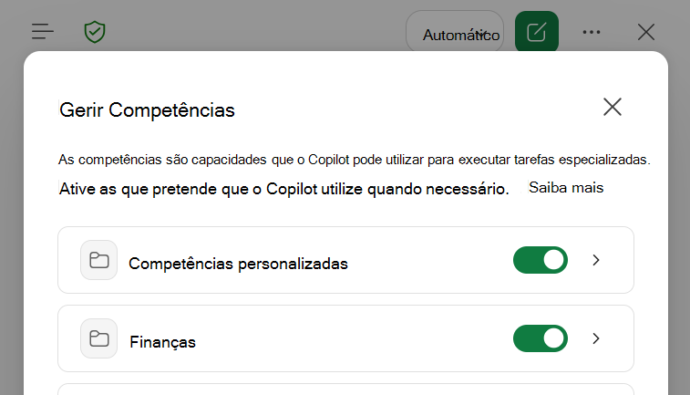 Captura de ecrã da caixa de diálogo Gerir competências do Copilot no Excel.