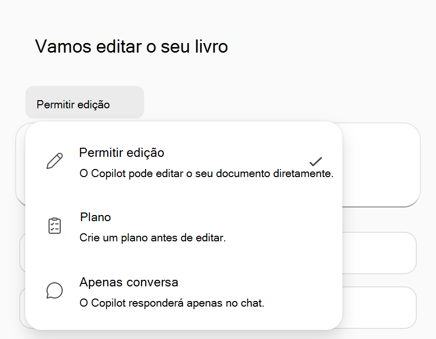 Captura de ecrã do menu de opções do modo Copilot no Excel.