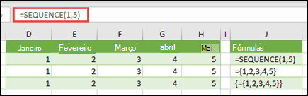 Criar uma constante de matriz horizontal com =SEQUÊNCIA(1,5) ou ={1,2,3,4,5}