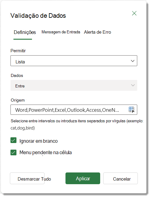 Definições de validação de dados