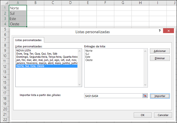 Caixa de diálogo Lista Personalizada a partir de Opções > de Ficheiro>, Avançadas>, Geral>, Editar Listas Personalizadas. Para o Excel 2007, clique no Botão do Office>, Opções > do Excel, Populares, > Editar Listas Personalizadas.