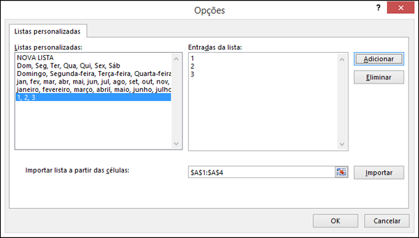 Adicione manualmente itens personalizados à lista ao escrever os mesmos na caixa de diálogo Editar Lista Personalizada e ao premir Adicionar
