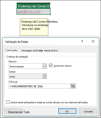 Exemplo de validação de dados a certificar que um endereço de e-mail contém o símbolo @