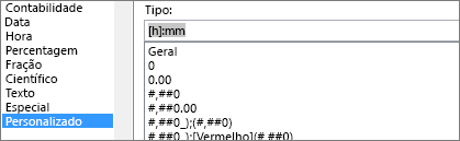 Formatar diálogo de Células, Comando personalizado, tipo [h]:mm
