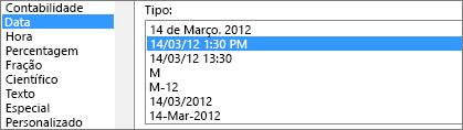 Formatar diálogo de Células, comando Data, tipo 14/03/12 13:30