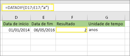 =DATADIF(D17,E17,y) e o resultado: 2