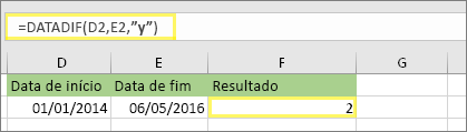 =DATADIF(D2,E2,y) e o resultado: 2
