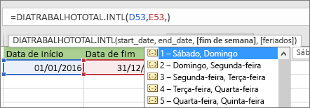 Lista do Intellisense a mostrar 2 - Domingo, Segunda-feira; 3 - Segunda-feira, Terça-feira, e por aí fora