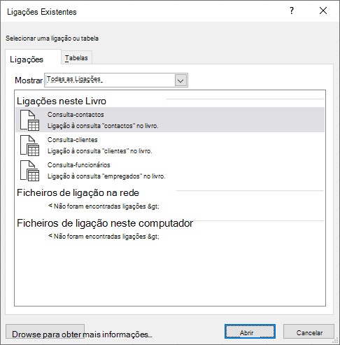 A caixa de diálogo Conectios Existentes no Excel exibe uma lista de fontes de dados atualmente em uso na pasta de trabalho